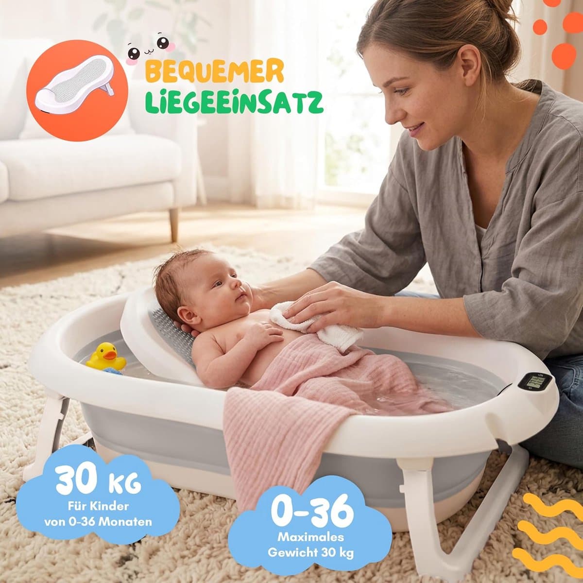 moovkee. Opvouwbaar Babybad 80 cm Grijs - Babybadewanne met Thermometer en Badesitz - Antislip Draagbare Babybadkuip voor 0-36 Maanden thumbnail 4