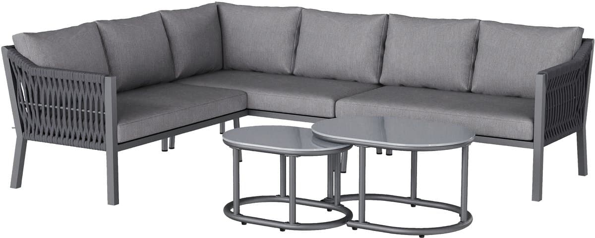 Tuin eettafel en stoelen set - voor 6 personen - hoekig - glazen tafelblad - handgeweven touw - twee koffietafels en een bank - grijs thumbnail 3