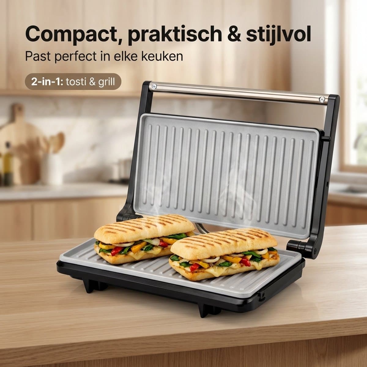 Tosti Apparaat – Contactgrill voor 2 Tosti’s – Uitklapbaar – Panini Grill thumbnail 3