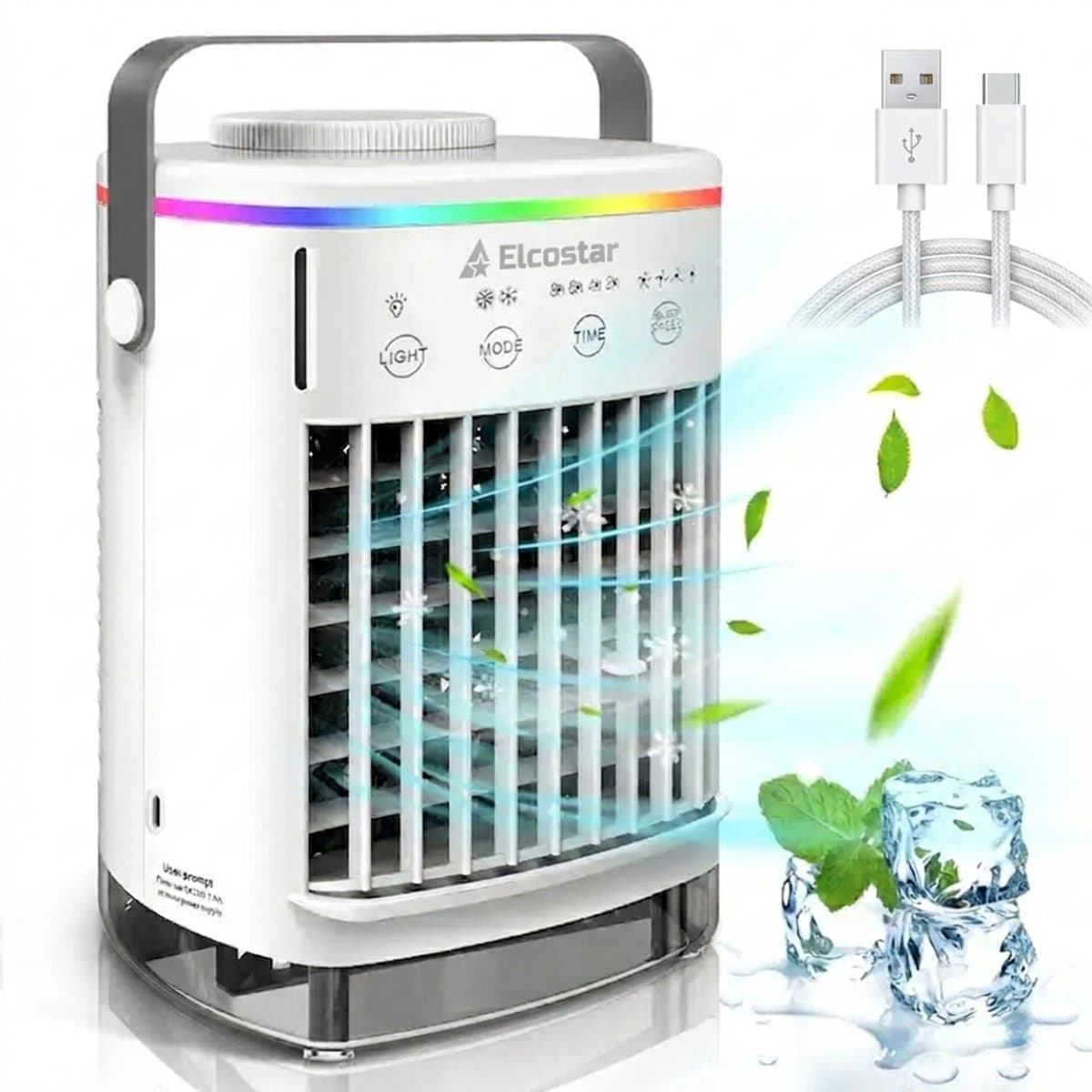 Elcostar® Premium Portable Airco - Mini Airco - 2026 Model - Mobiele Airco - Luchtkoeler 4-in-1 - 4 windsnelheden, 2 luchtbevochtingsstanden & Timer - Aircooler - Draagbare Airco - Lekvrij - Airco - Wit