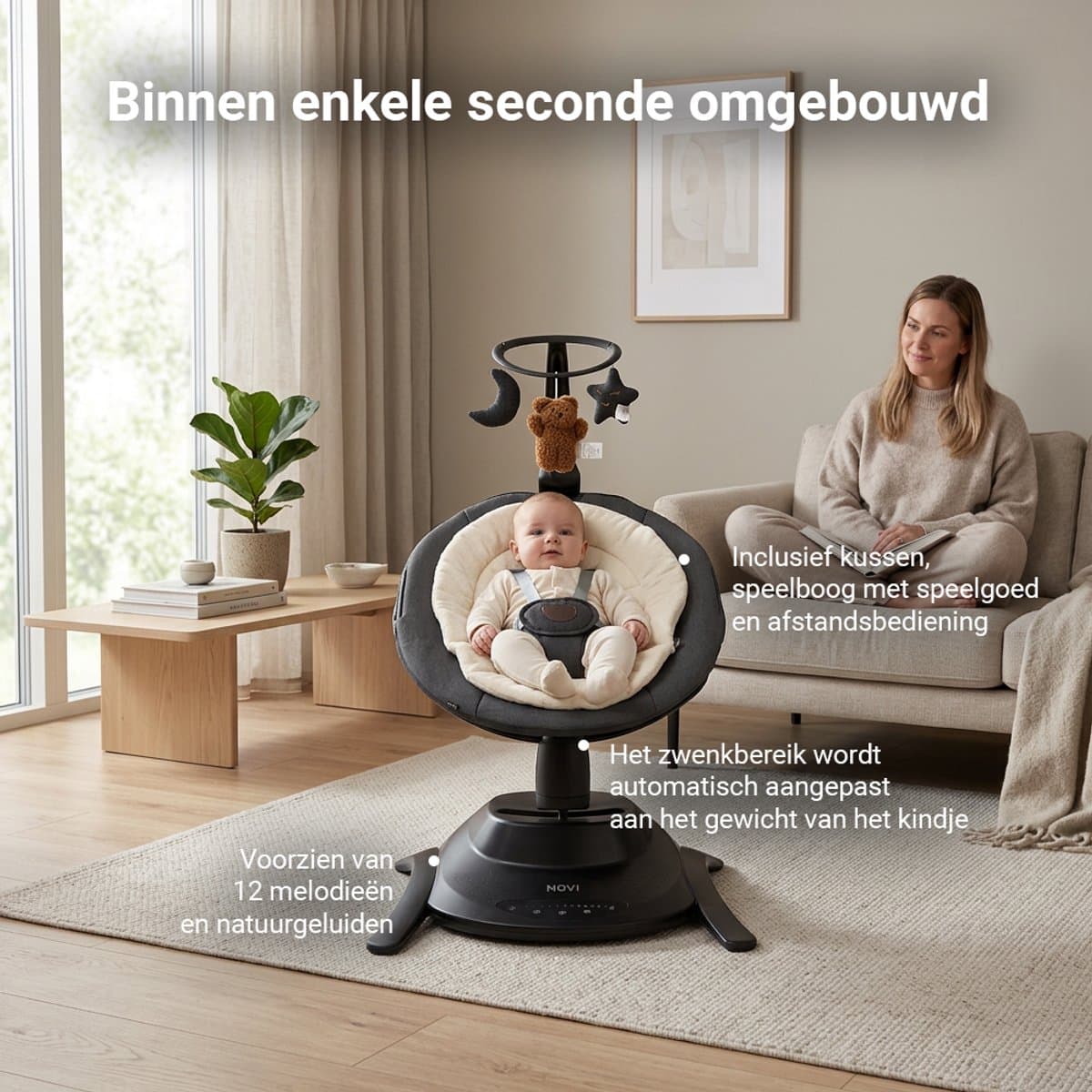 Novi at Home Stardust 2-in-1 Babyswing en Wieg - 12 melodieën en 2 natuurgeluiden - Zwart - tot 9 kg thumbnail 2