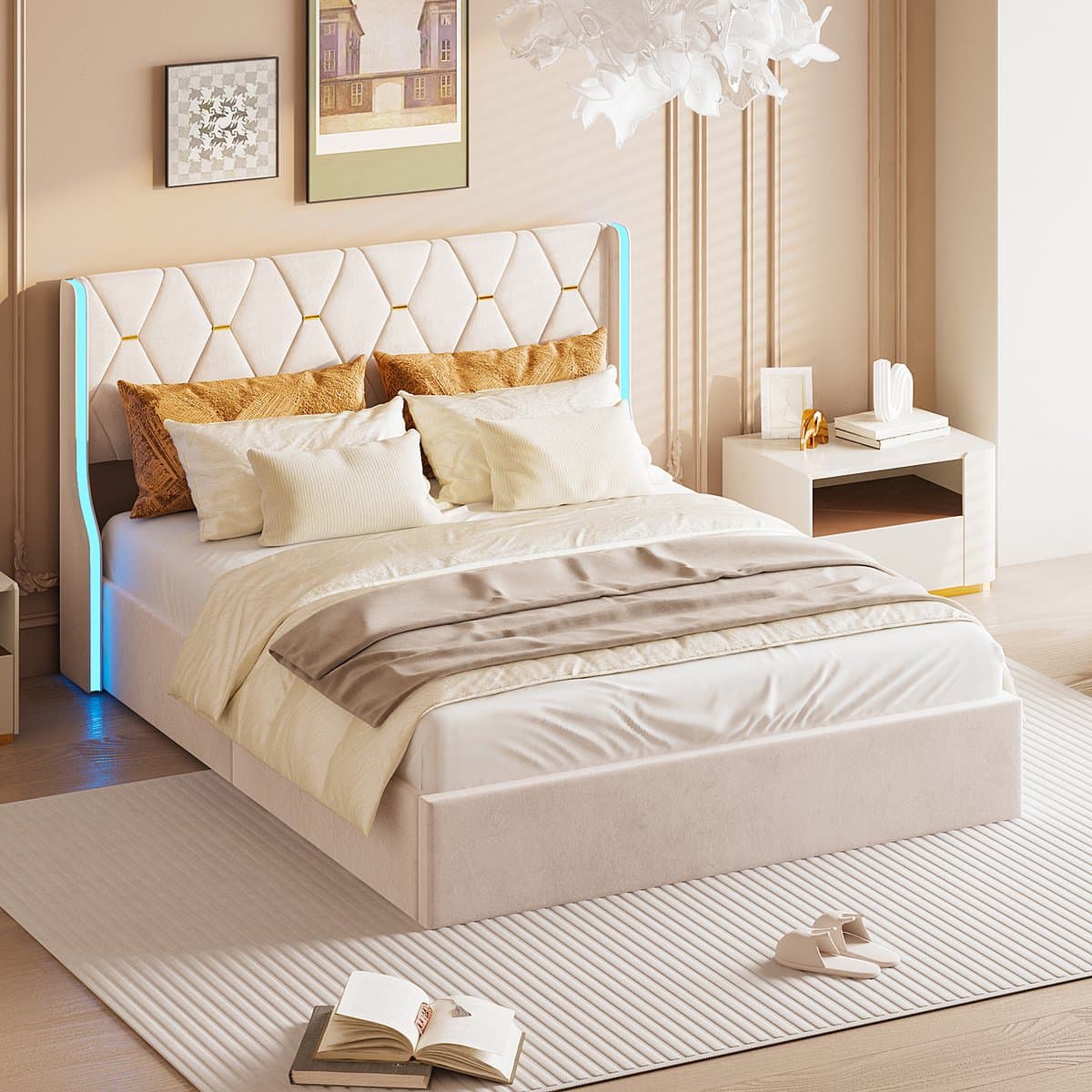 Hydraulisch Opbergbed 160x200 cm - Beige Fluweel met RGB LED en Grote Opbergruimte thumbnail 5