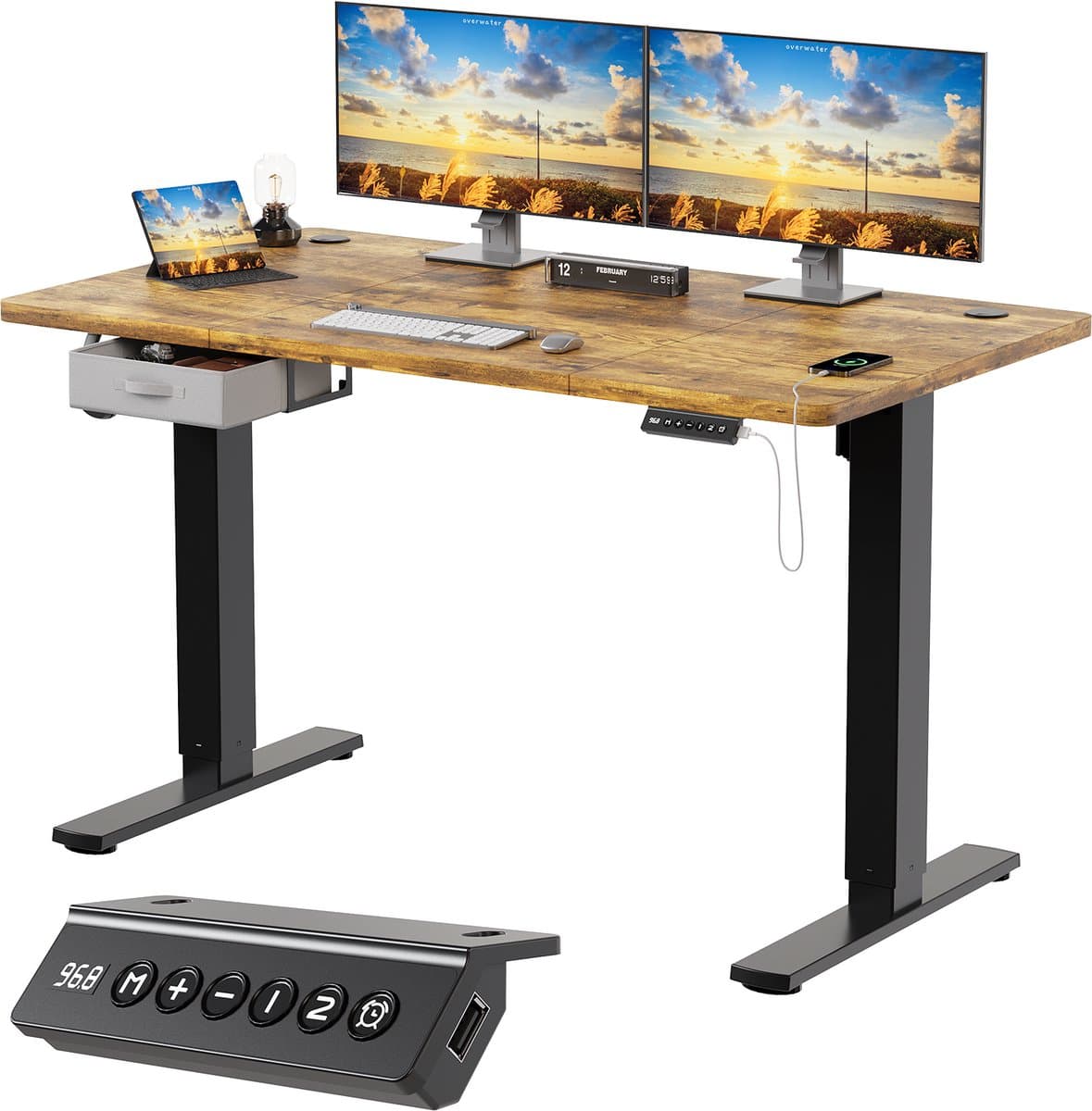 Devoko Zit-Sta Bureau 140x80 cm - Elektrisch Verstelbaar Bureau - Met Stoffen Lade - Zit-Alarm - Digitaal Display - USB - Bruin