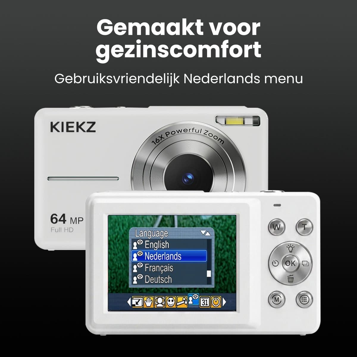 Kiekz Digitale Camera 64MP - Fotocamera Full HD - Compact Camera - Fototoestel - Autofocus - Ideaal voor Kinderen en Beginners - Inclusief 32GB SD Kaart - Wit thumbnail 5