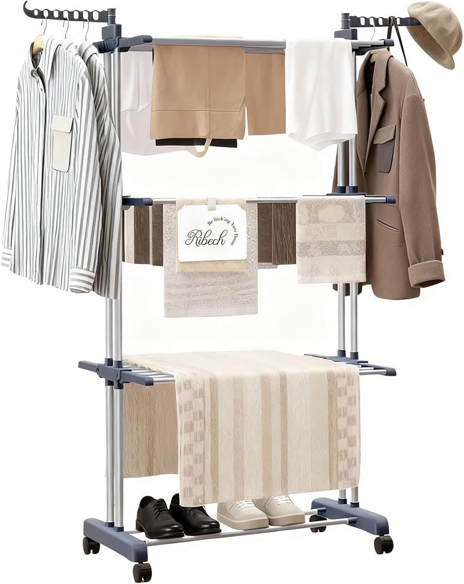 Wasrek Toren - Droogrek Vloer - Kleding Drogen - 4 Lagen Stabiliteit - 76x50x172cm - Grijs
