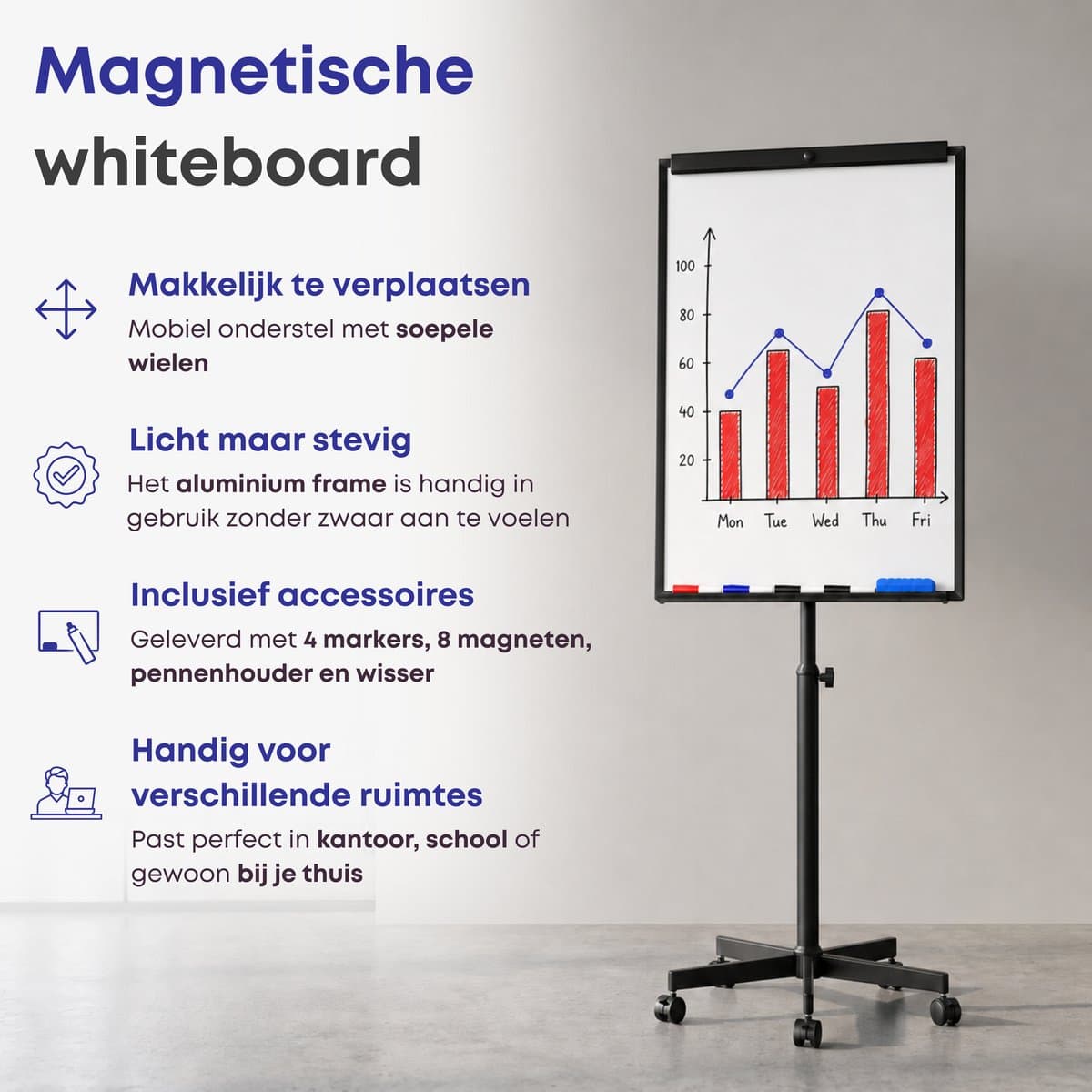 ACAZA Flipover - Verrijdbaar Whiteboard - 70 x 100 cm - Inclusief 8 Magneten, 4 Stiften, Wisser en Pennenbakje - Magnetisch Whiteboard - Verstelbaar Bord van 180 tot 210 cm - Inclusief Papierklem en Uitschuifbare Armen thumbnail 2