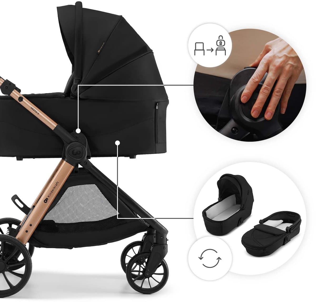 Kinderkraft VESTO 2 – 3-in-1 kinderwagen – MINK PRO 2 autostoel + adapters – Omkeerbare zitting – Reiswieg EN1466 – Zwart thumbnail 3
