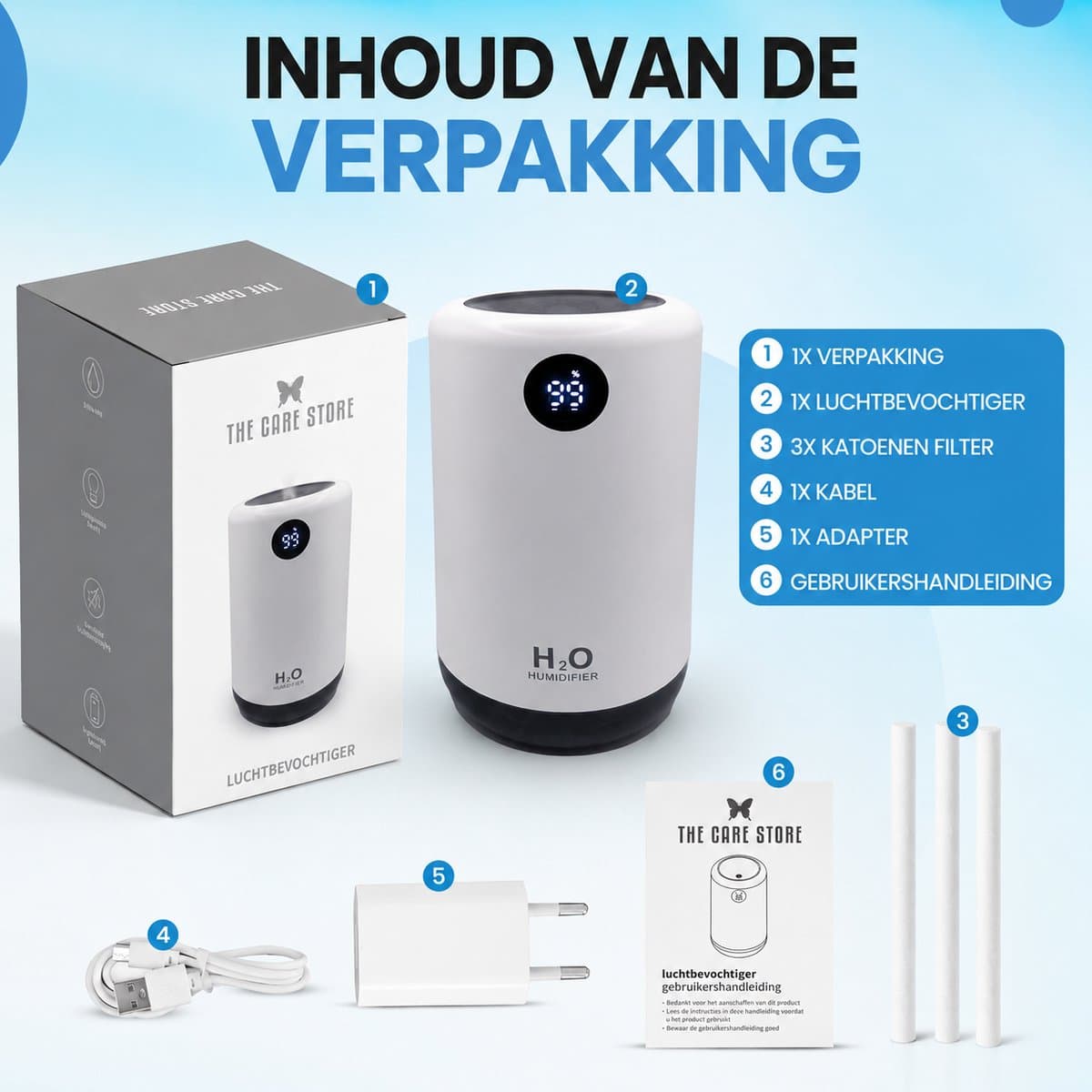 The Care Store Draadloze Luchtbevochtiger 500ML - Voor Slaapkamer, Kantoor & Woonkamer - USB-C Oplaadbaar - LED Display - Wit thumbnail 4