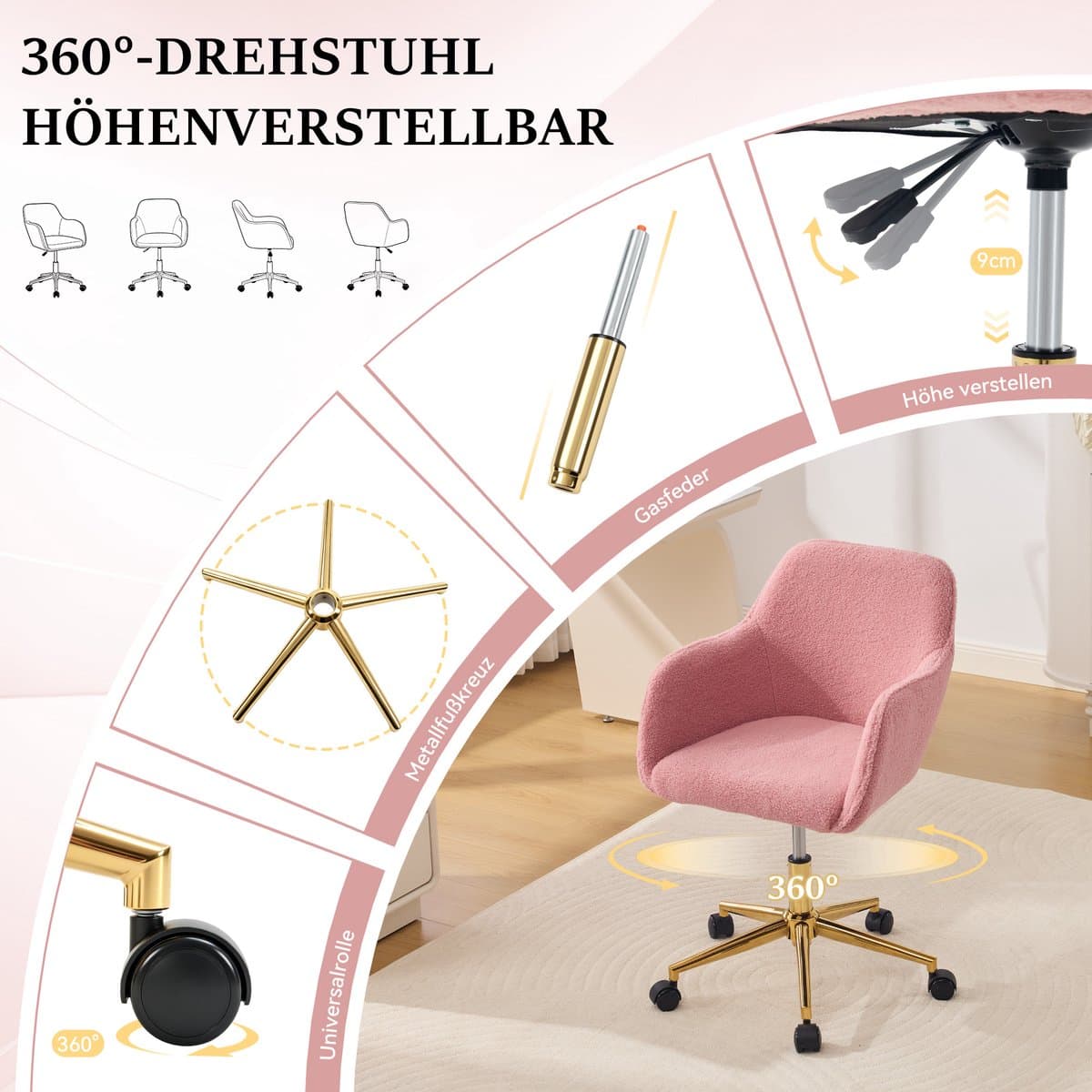 MIVRAY Bureaustoel - Verstelbaar 360 Graden Draaibaar Met Zachte - Voor Thuiswerk En Kantoor - 58 x 58 x 86 cm - Teddy Bekleding - Roze thumbnail 7