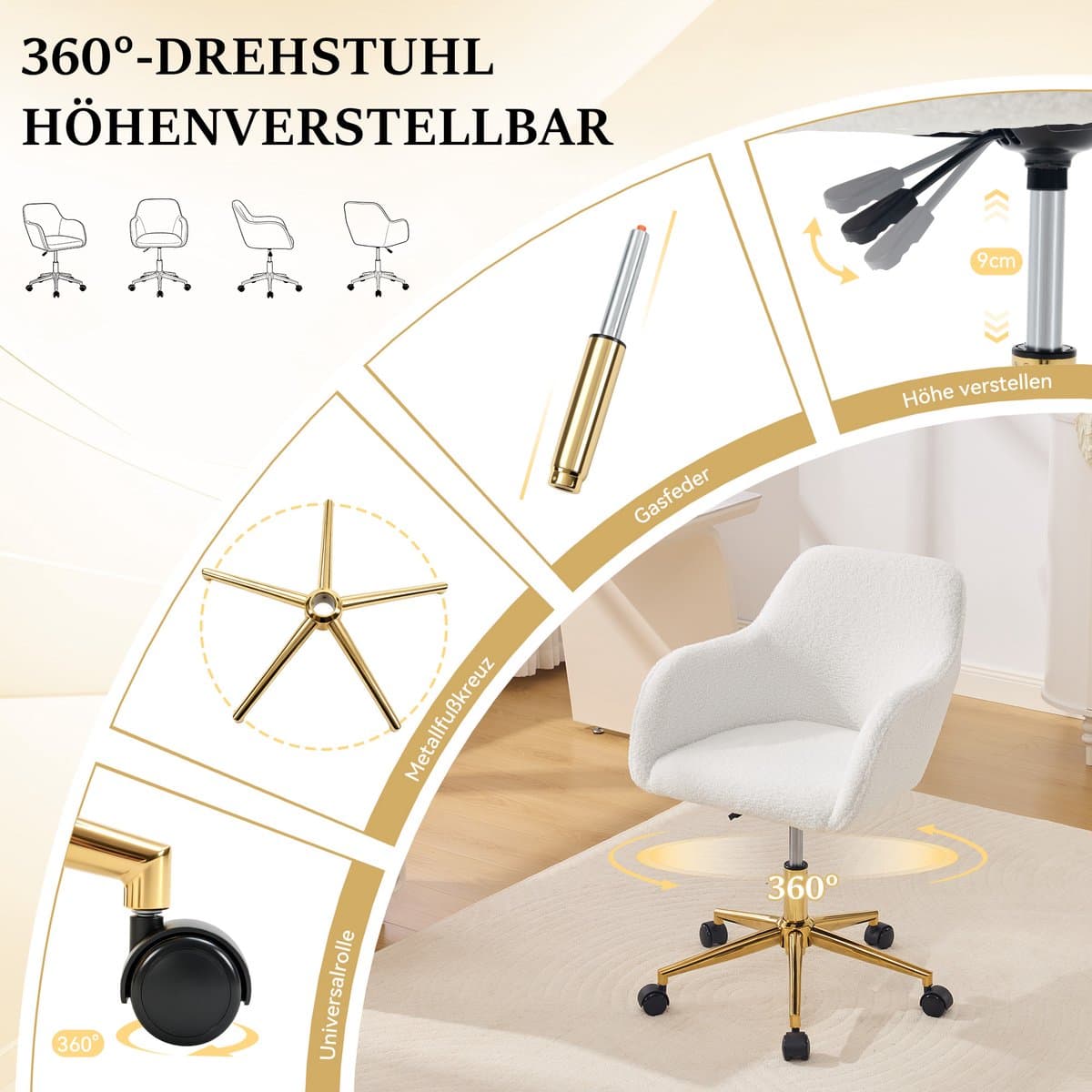 MIVRAY Bureaustoel Met Teddy Stoffering - In Hoogte Verstelbaar En 360° Draaibaar - Voor Thuiswerk En Bureau - Ivoor - Metaal thumbnail 6