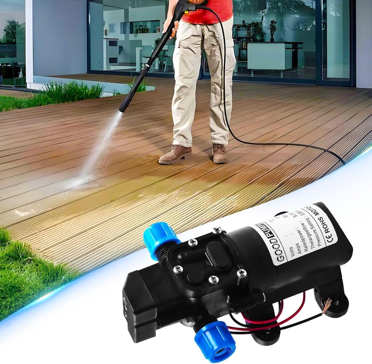 Zelfaanzuigende Waterpomp - Kampeerpomp Hogedruk - Camper Reiniging Tuin - Automatische Drukschakelaar - 45L Per Minuut - Zwart thumbnail 7