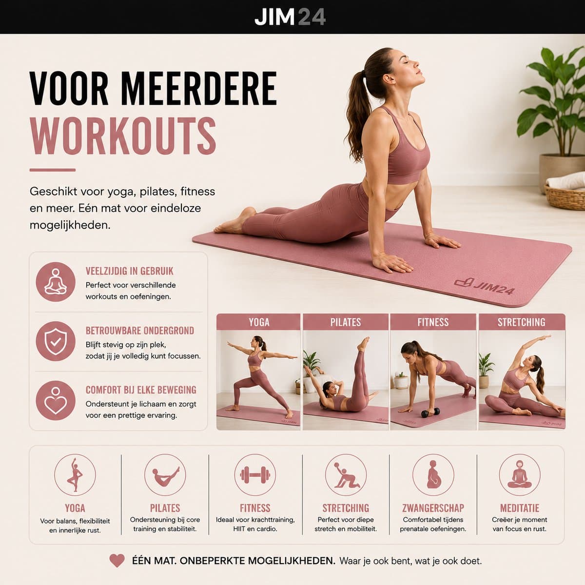 Jim24 Yogamat - Yoga Mat Antislip - Fitness Mat - Sportmat - Pilates Mat - Slijtvast - Extra Dikke Gym Mat - Duurzaam TPE - Incl. Draagtas en Riem - Zalmroze thumbnail 3