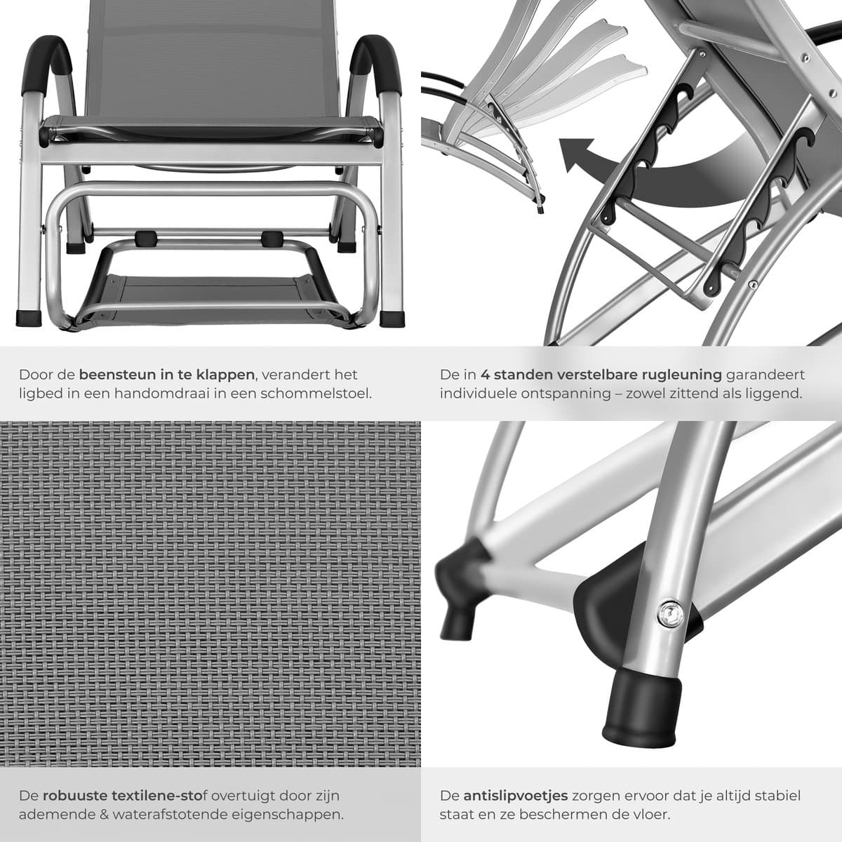 tectake® Ligbed Avignon - 2-in-1 verstelbare ligstoel - Schommelstoel voor buiten - Weerbestendig frame en waterafstotend, luchtdoorlatend weefsel - Tuinstoel - Balkonstoel - 195cm lang - Antraciet thumbnail 7