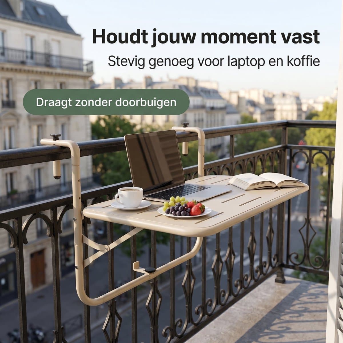 Lomera Balkontafel Hangend - Inklapbaar - Hangtafel - Klaptafel - Balkon Tafel voor Reling - in Hoogte Verstelbaar - Opklapbaar - Balkonbar - Bijzettafel Buiten - Weerbestendig - Tuintafel - Mat Beige thumbnail 3