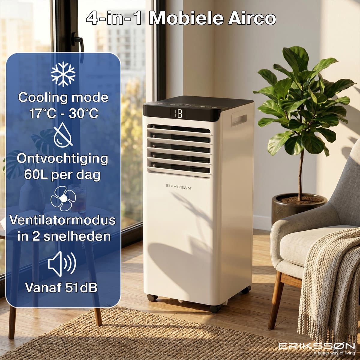 Erikssøn Mobiele Airco - 10.000 BTU - Incl. Raamafdichtingskit - Tot 30m² - 4-in-1 - Airconditioning - Ventilator - Ontvochtiger - Wit thumbnail 4