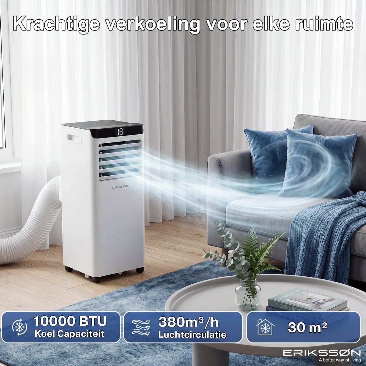 Erikssøn Mobiele Airco - 10.000 BTU - Incl. Raamafdichtingskit - Tot 30m² - 4-in-1 - Airconditioning - Ventilator - Ontvochtiger - Wit thumbnail 6