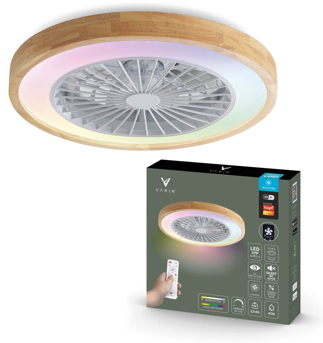 Varin® Plafondventilator met verlichting - Licht hout - Tuya Wifi - LED RGBW - Ø 50cm - Super stil - Afstandsbediening smart lamp - Plafondlamp slaapkamer - Plafonniere woonkamer - Plafondlampen - Plafond lamp - Verlichting kinderkamer - Ventilator - afbeelding 1