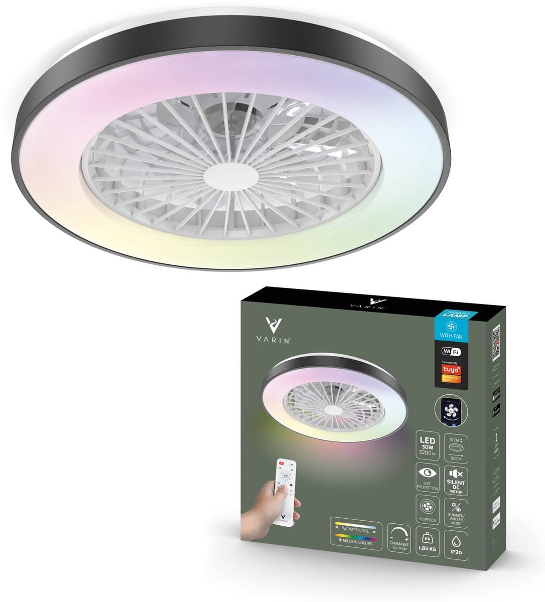 Varin® Plafondventilator met verlichting - Zwart - Tuya Wifi - LED 30W RGBW - Ø 50cm - Super stil - Afstandsbediening smart lamp - Plafondlamp slaapkamer - Plafonniere woonkamer - Plafondlampen - Plafond lamp - Verlichting kinderkamer - Ventilator