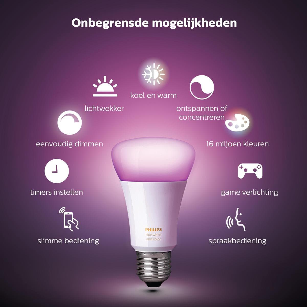 Philips Hue Starterspakket E27 Lichtbron met Bridge - White and Color Ambiance - 2 x 9W - Bluetooth thumbnail 8
