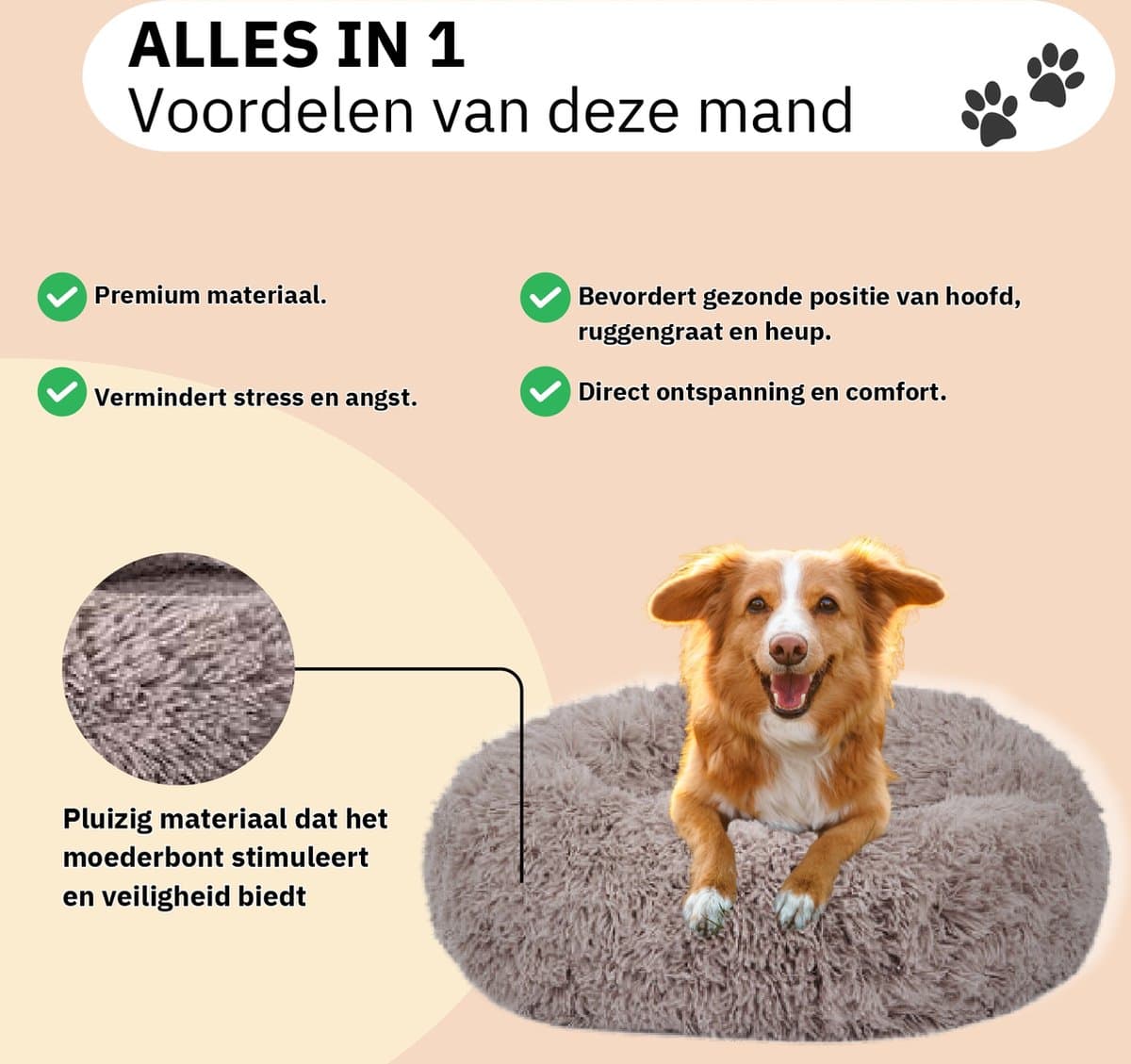 Donut Hondenmand - Kattenmand - Maat M - 60cm (ligvlak van 45cm) - Kaki - Fluffy en Wasbaar thumbnail 3