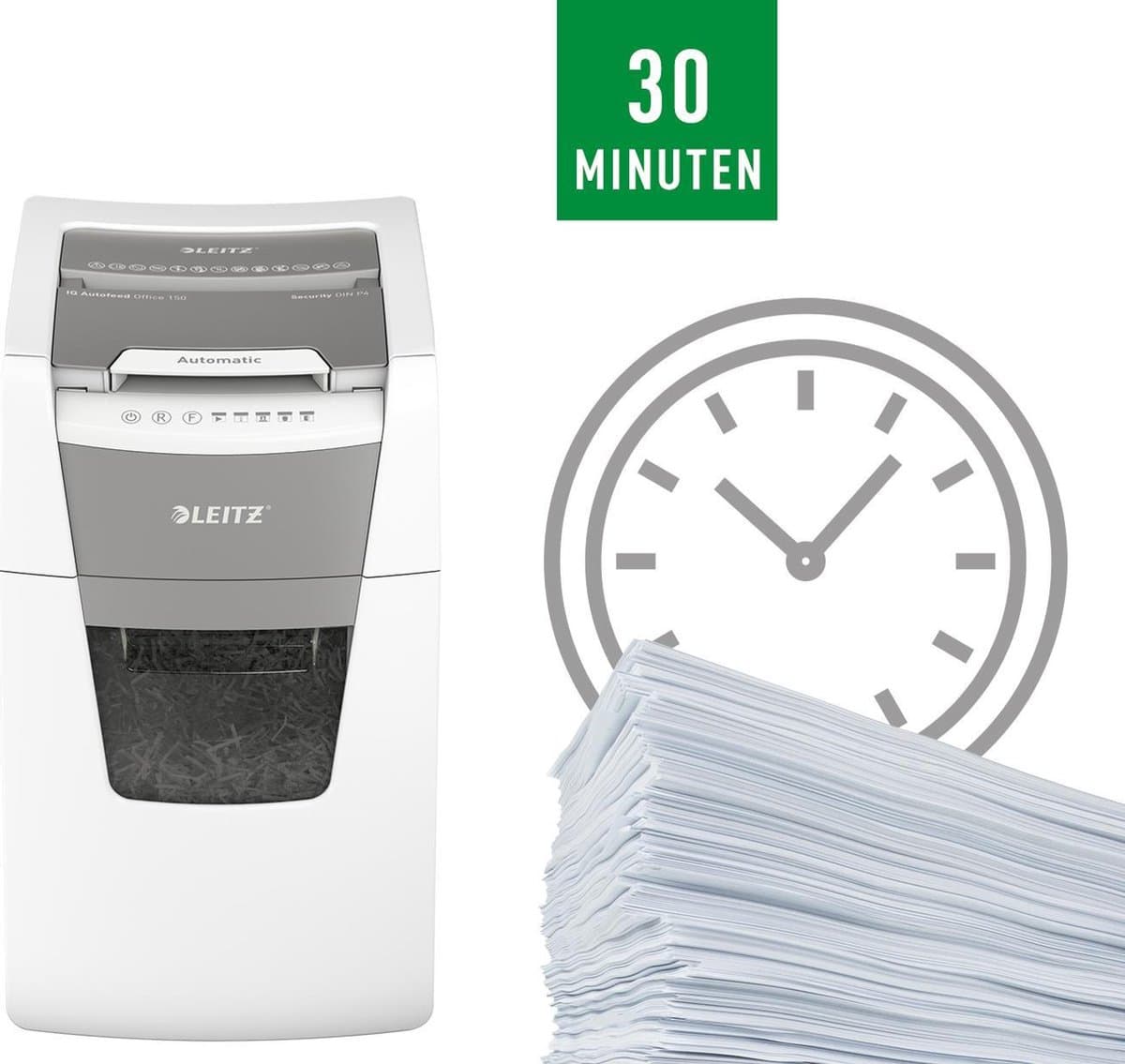 Leitz IQ Autofeed+ Office 150 Stille Papierversnipperaar - P4 Snippers - Tot 150 Vel - 44L - Wit thumbnail 3