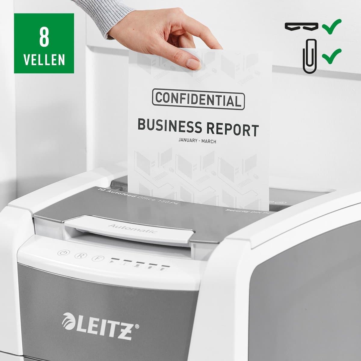 Leitz IQ Autofeed+ Office 150 Stille Papierversnipperaar - P4 Snippers - Tot 150 Vel - 44L - Wit thumbnail 4