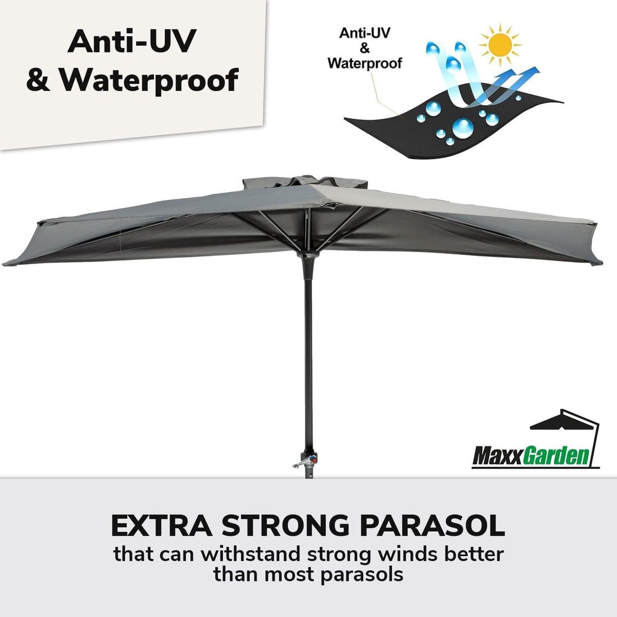 MaxxGarden Balkonparasol - Aluminium parasol - halfrond - Ø 250 cm - Antraciet thumbnail 6