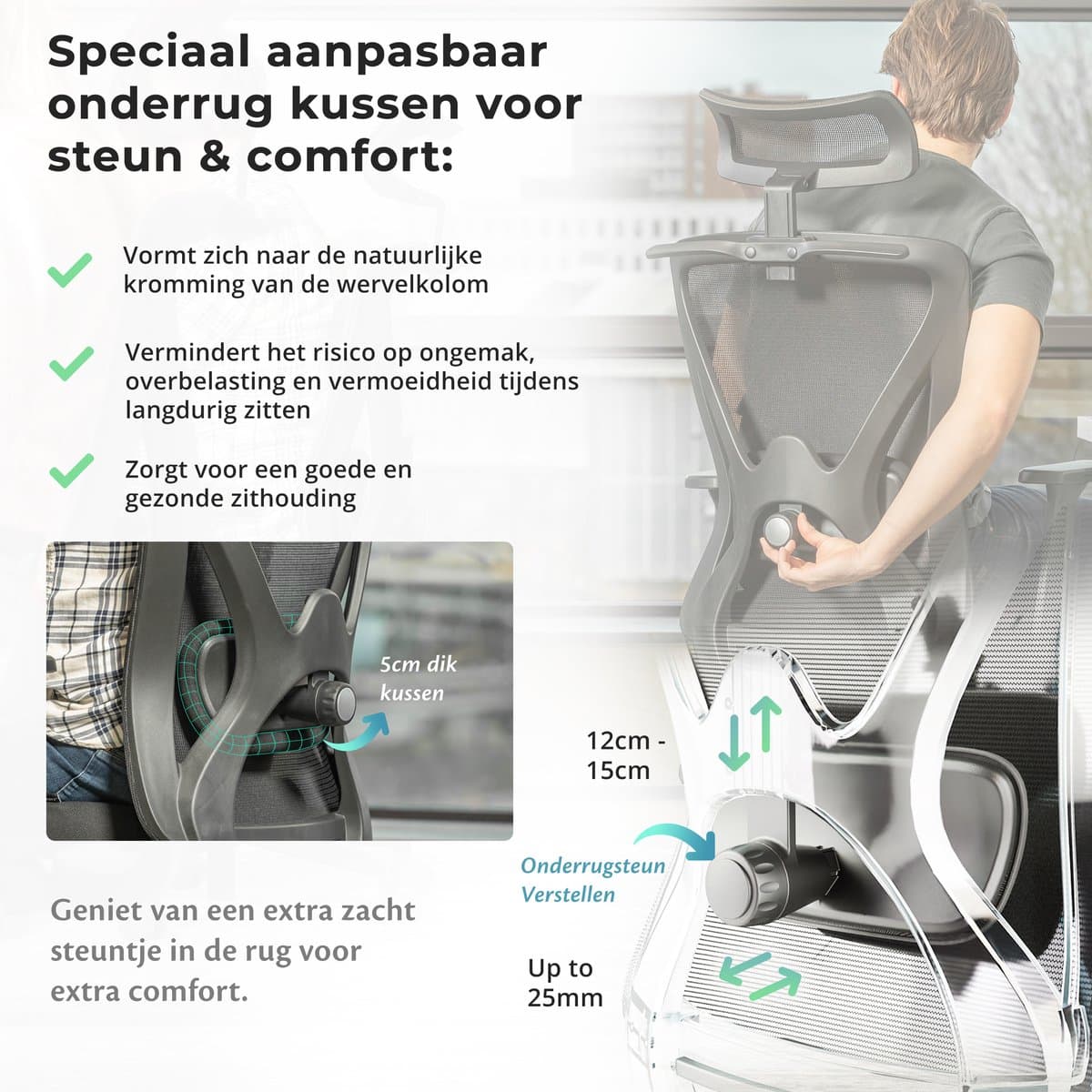 Backerz Mesh Ergonomische Bureaustoel Wit - Bureaustoelen voor Volwassenen tot 150kg - Office Chair - Gamestoel - NEN-EN1335 Gecertificeerd thumbnail 5