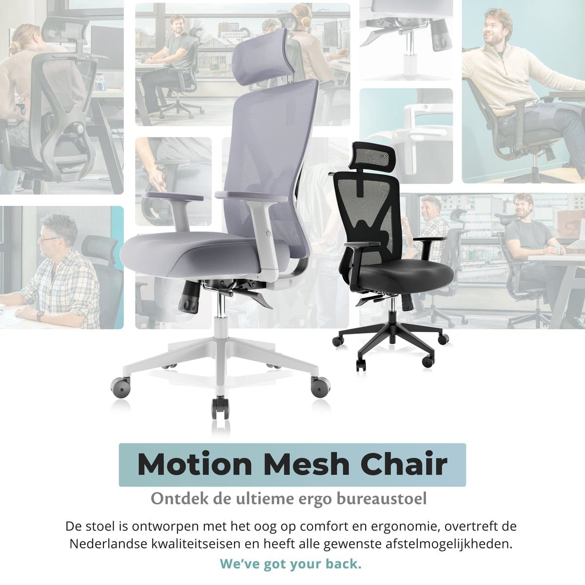 Backerz Mesh Ergonomische Bureaustoel Wit - Bureaustoelen voor Volwassenen tot 150kg - Office Chair - Gamestoel - NEN-EN1335 Gecertificeerd thumbnail 2