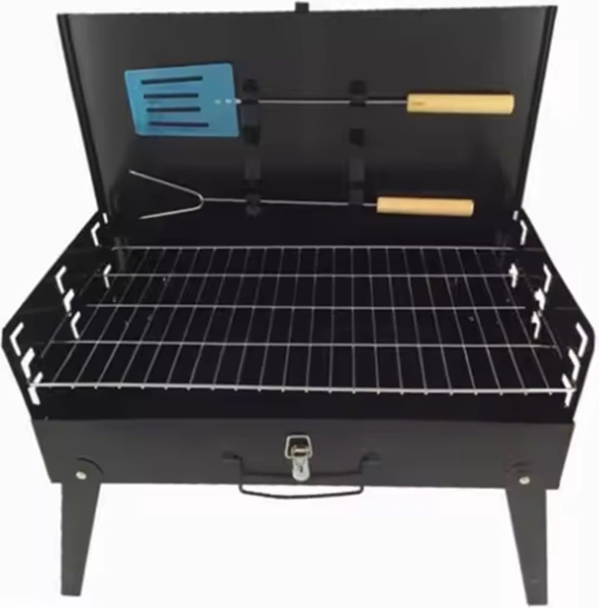 Koffer BBQ | Houtskool Barbecue | Opvouwbare inklapbare meeneem kolen BBQ inclusief gereedschap | Opvouw inklap tafel vakantie camping compact klein onderweg thumbnail 2