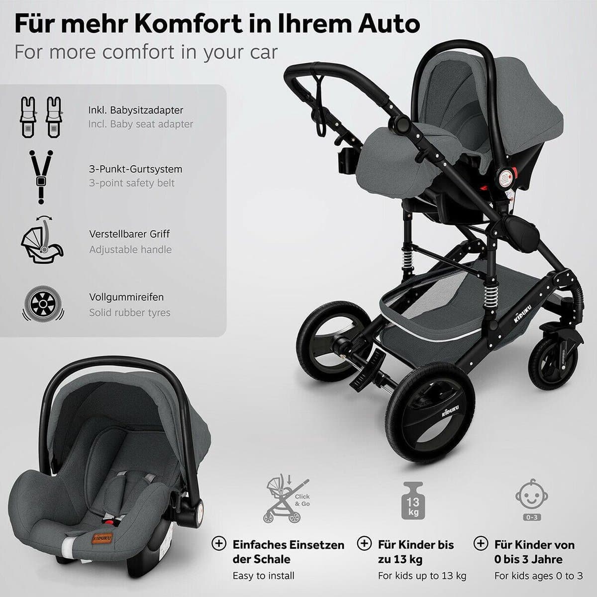 KIDUKU- 3 in 1 combi-kinderwagen- antraciet/zwart buggy incl. autostoeltje-regenhoes- inklapbaar thumbnail 7