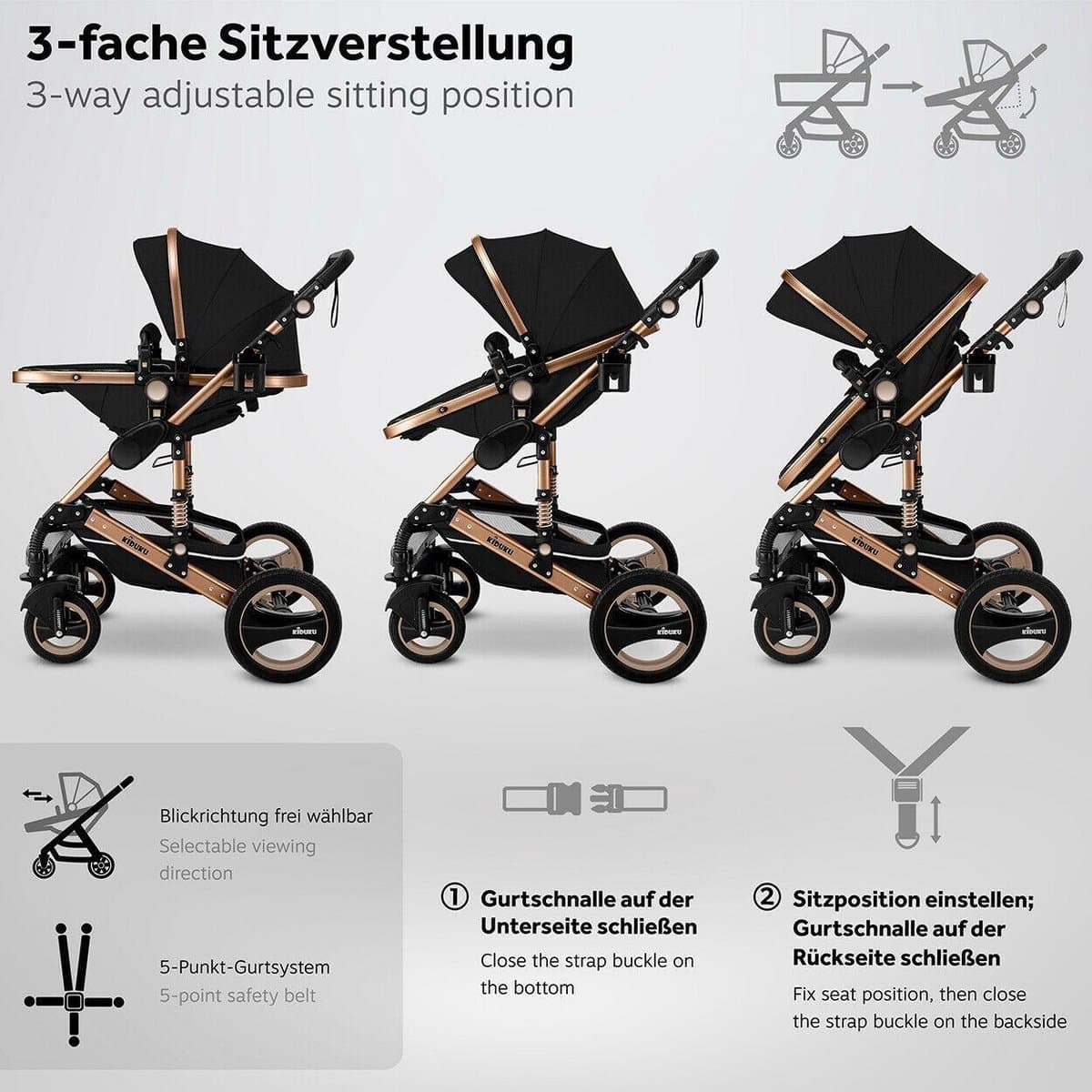 KIDUKU- 3 in 1 combi-kinderwagen- zwart/goud- buggy incl. autostoeltje-regenhoes- inklapbaar thumbnail 2