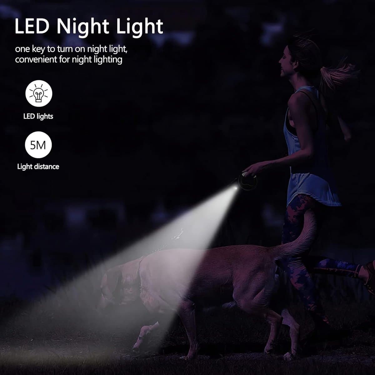 Sander Shop Intrekbare hondenlijn, 3m uitschuifbare hondenriem met led-zaklamp, rem met één knop en slot, uitschuifbare hondenriem voor honden tot 20 kg (groen) thumbnail 3