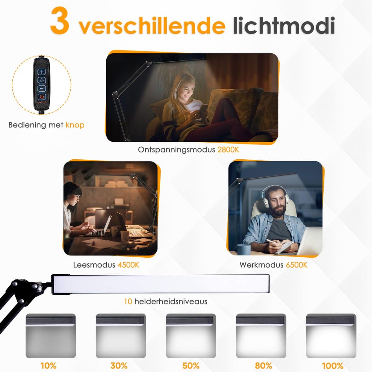 Vesfy LED Bureaulamp met Klem - Dimbaar - 3 Lichtkleuren & 10 Helderheidsniveaus - Verstelbare Leeslamp voor Bureau & Werkplek thumbnail 4