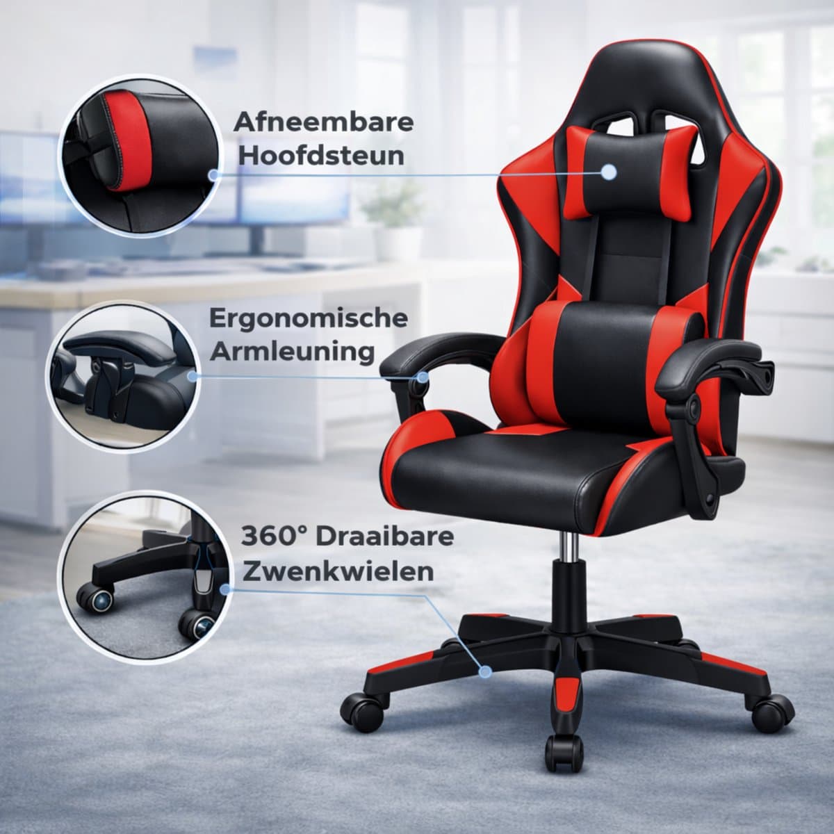 Bayt Gamestoel - Gaming chair - Gamingstoel - Comfort gamer stoel - Zwart en rood thumbnail 5