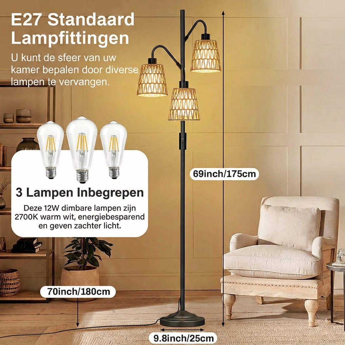 MUPOO Bohemian Rotan Vloerlamp 3-Lichts met Zwart Metaal - Landelijk Staande Lamp Energiezuinig & Dimbaar - Inclusief LED Lampen - 175cm Hoog - staande lampen voor woonkamer & Slaapkamer thumbnail 6