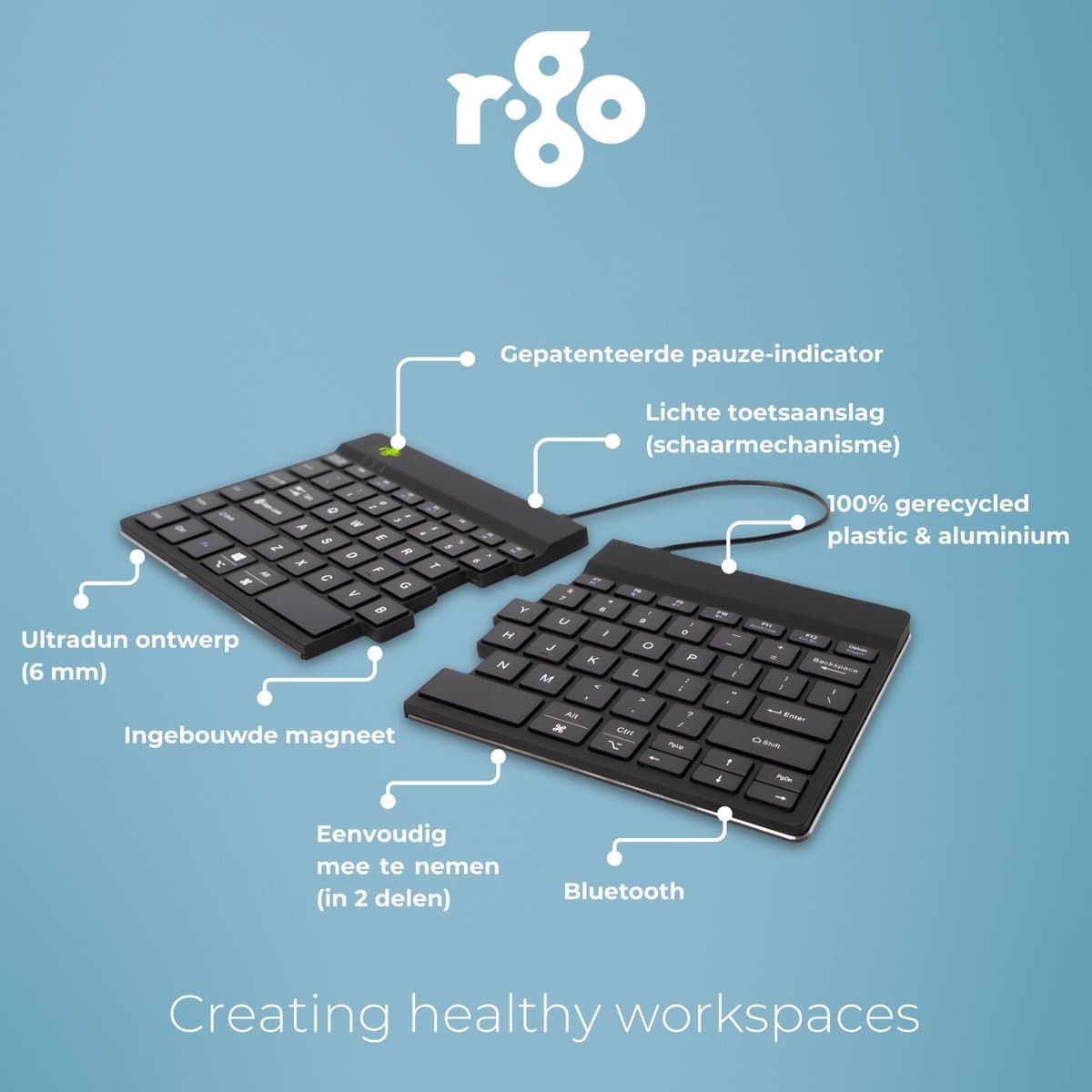 R-Go Split Break - Ergonomisch Toetsenbord & Vilten Etui - Bluetooth - Break software - QWERTY US - Draadloos - Zwart thumbnail 3
