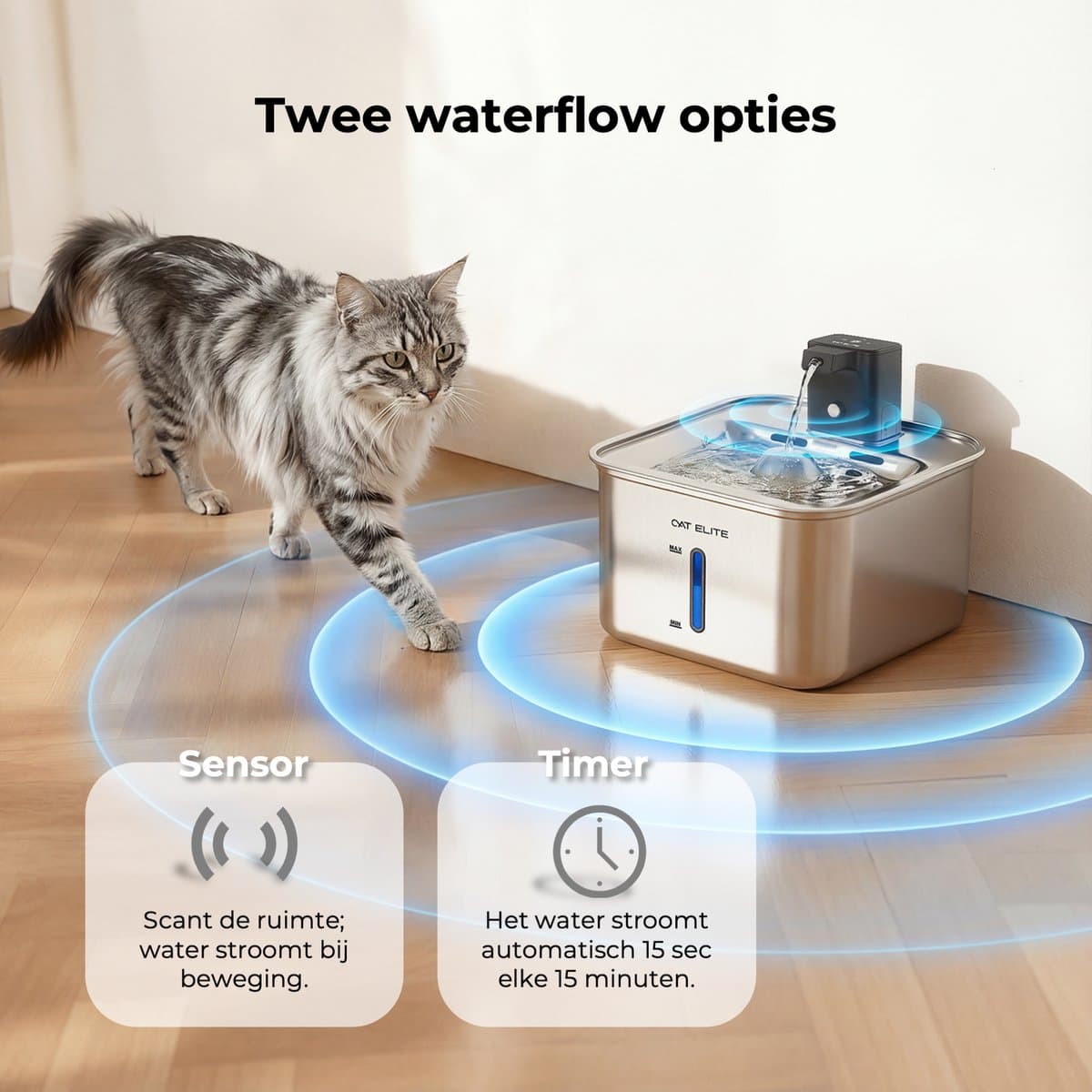 CatElite® - Draadloze Drinkfontein Kat RVS | Fresh - Waterdispenser met Sensor & Accu - Incl. 3 Filters - 2.5L Waterfontein Kat - Kattenfontein - Fluisterstil - Volledig RVS thumbnail 2
