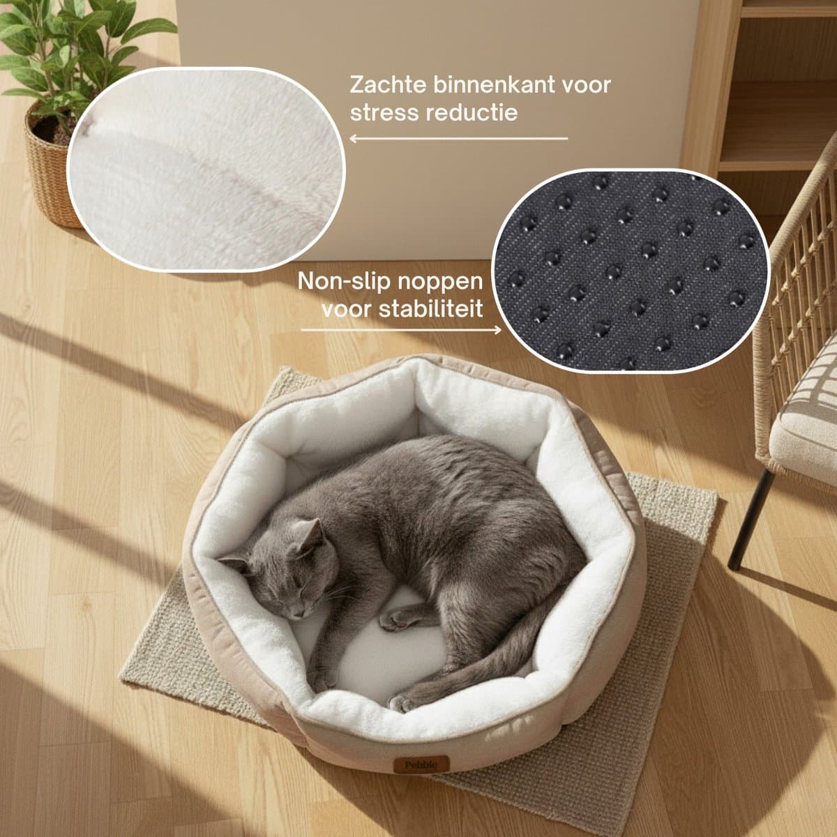 Pebble Kattenmand & Hondenmand 64x53 cm - Bruin Wit - Wasbaar - Kattenbed - Kattenkussen thumbnail 2