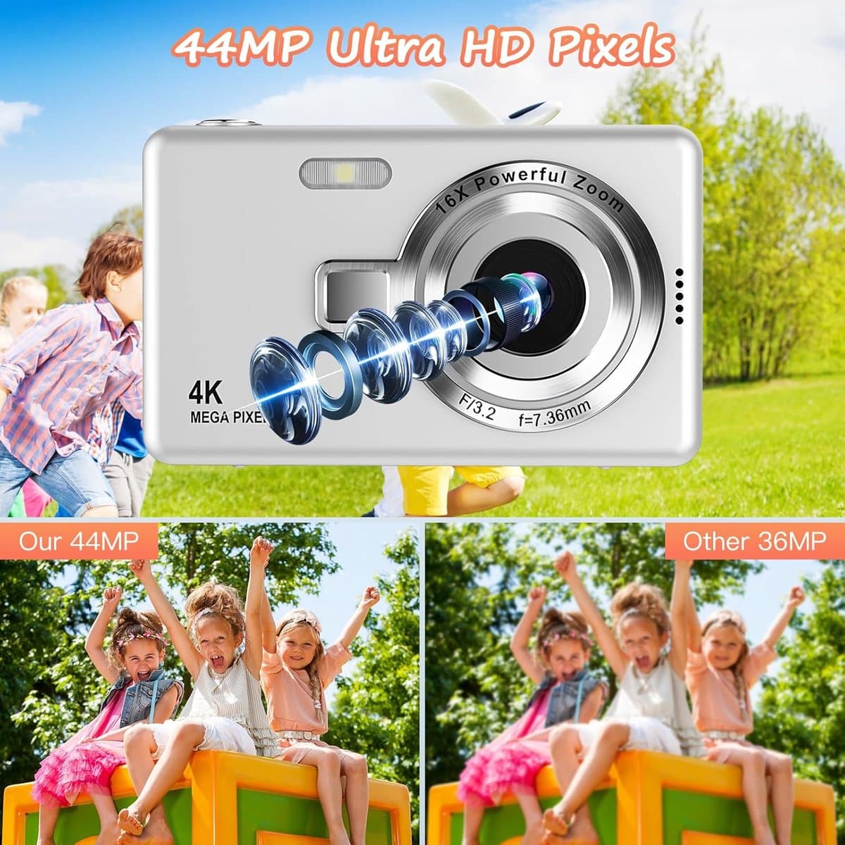 Camera - Digitale camera 1080p Full HD 44MP met 2,4 inch LCD-scherm - 16x digitale zoom - Compacte draagbare vlogcamera - Met 32 ​​GB SD-kaart - Voor kinderen - Tieners - Studenten en beginners (zilver) thumbnail 3