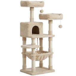 Productfoto van MAZAZU Krabpaal 143cm Beige - Dubbel Platform met Hangmat