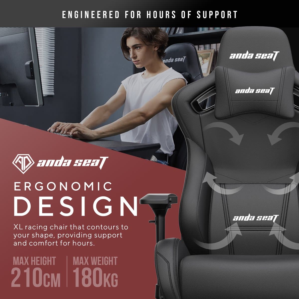 AndaSeat Kaiser 2 Pro Premium Extra Large Gaming Chair - Black (Large Pillow) thumbnail 8