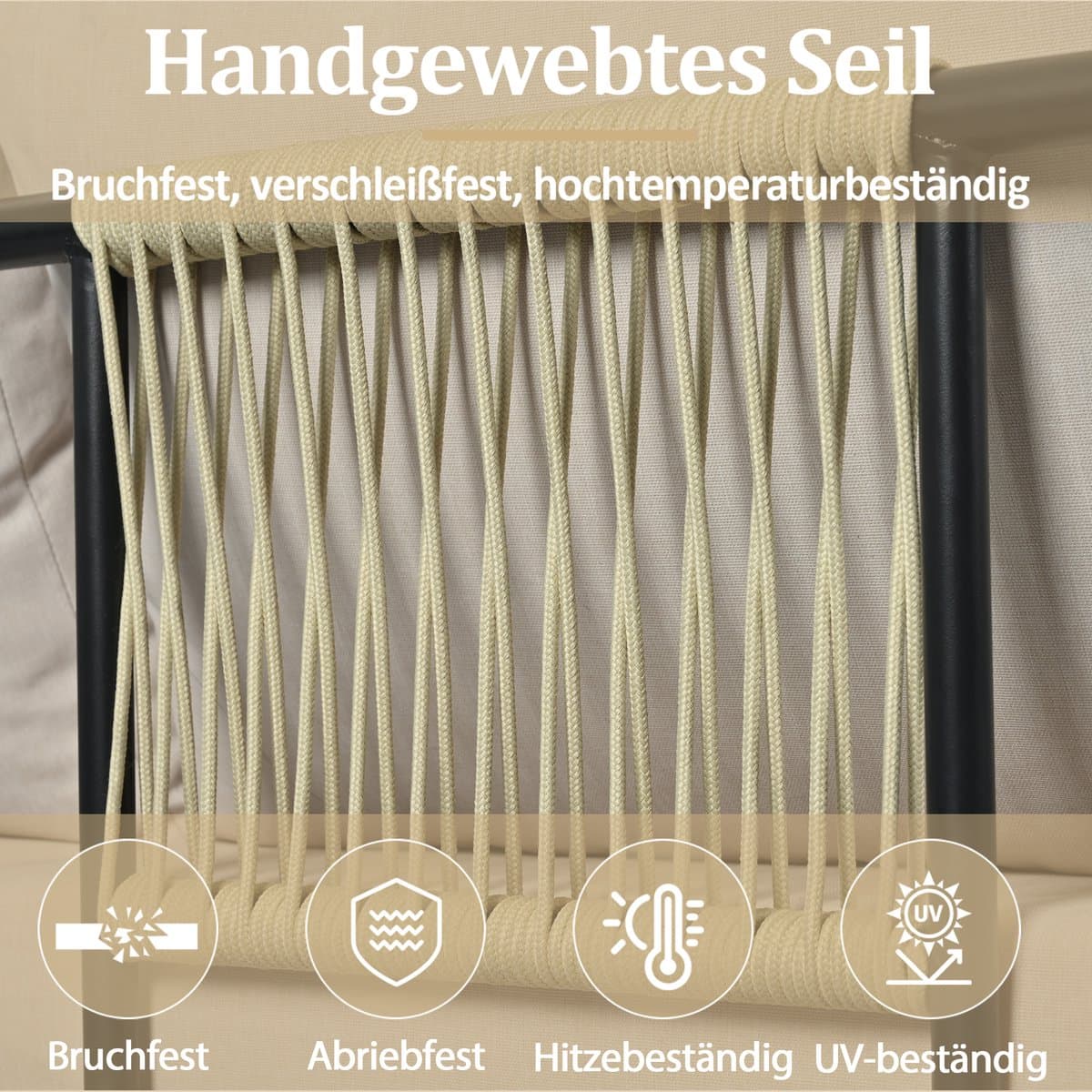 Loungestoelenset set van 6 - tuinmeubelset van touw - beige gevlochten touw - verstelbare poten - glad glazen tafelblad - beige thumbnail 3