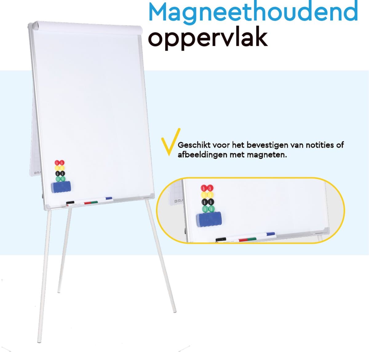 BRASQ Flipover - 70x100cm - Verstelbaar Whiteboard - Inclusief 25 vellen papier, 4 Stiften, 8 Magneten, Wisser - Magnetisch bord met Haken - Magneetbord - Aluminium thumbnail 5