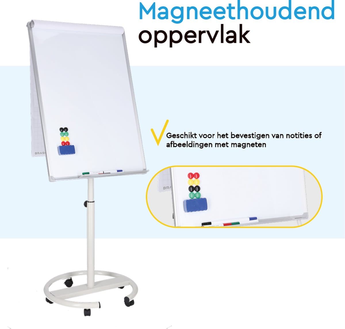BRASQ Flipover Verrijdbaar Deluxe - 70x100 cm - Verstelbaar Whiteboard - Inclusief 25 vellen papier en accessoires - met Uitschuifbare Armen - Magnetisch bord met Haken - Magneetbord- Wit thumbnail 3