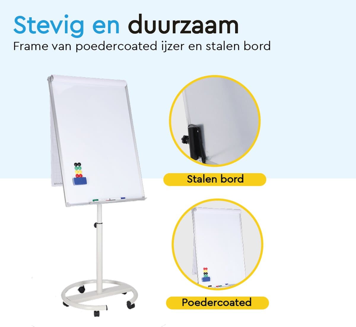 BRASQ Flipover Verrijdbaar Deluxe - 70x100 cm - Verstelbaar Whiteboard - Inclusief 25 vellen papier en accessoires - met Uitschuifbare Armen - Magnetisch bord met Haken - Magneetbord- Wit thumbnail 4