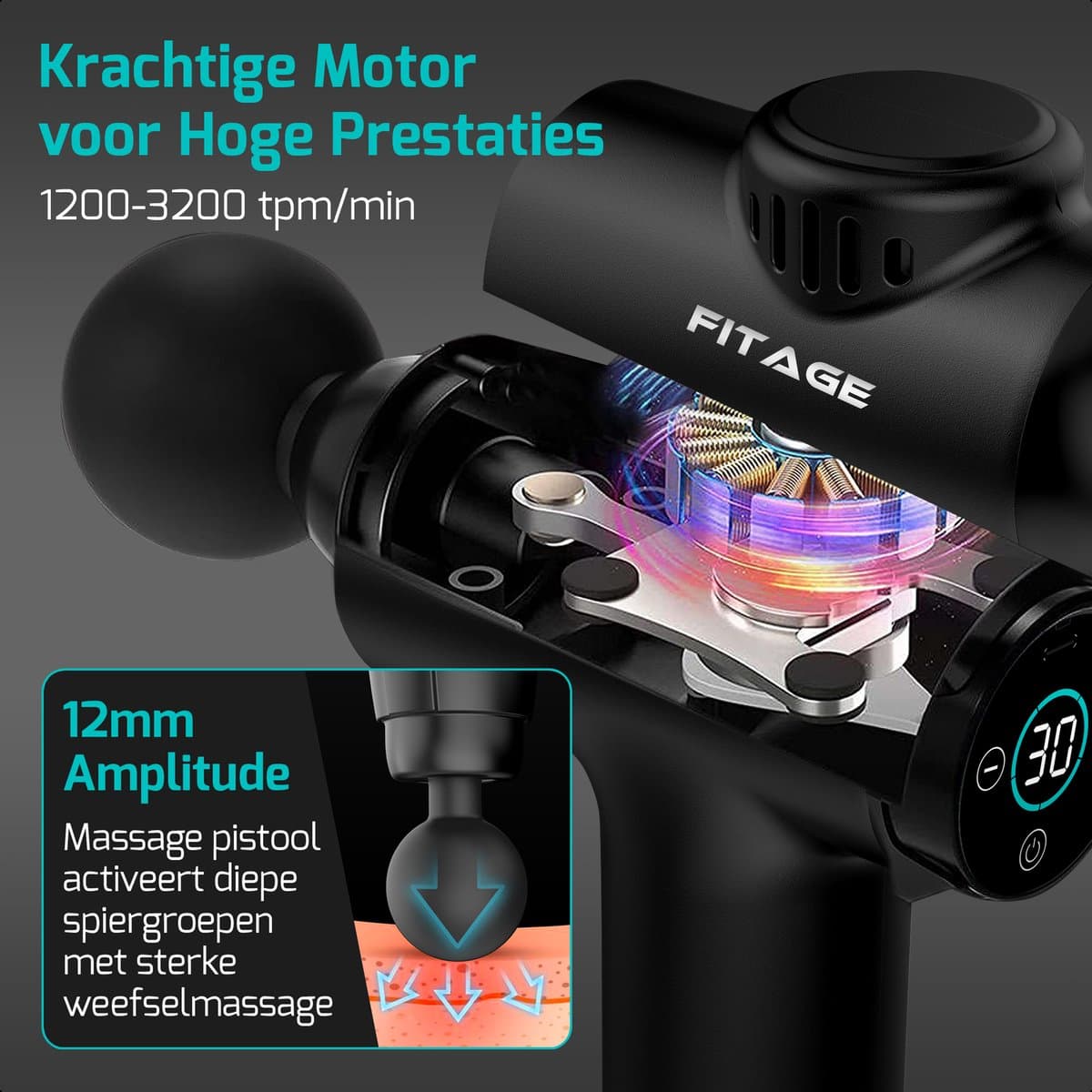 FITAGE Massage Gun Mini: 30 standen, 8 opzetstukken, draadloos thumbnail 3