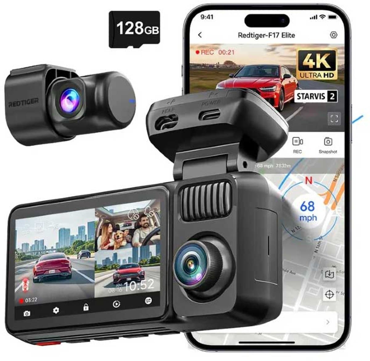 RedTiger F17 Elite 4K 128gb night vision dashcam - 4K + 2x Full HD resolutie met Sony Starvis 2 sensoren – Interieur camera - 128gb Micro SD kaart - 3,0 inch touchscreen Lcd - Wifi en Gps - Parkeerbewaking - G-sensor - Loop recording thumbnail 7