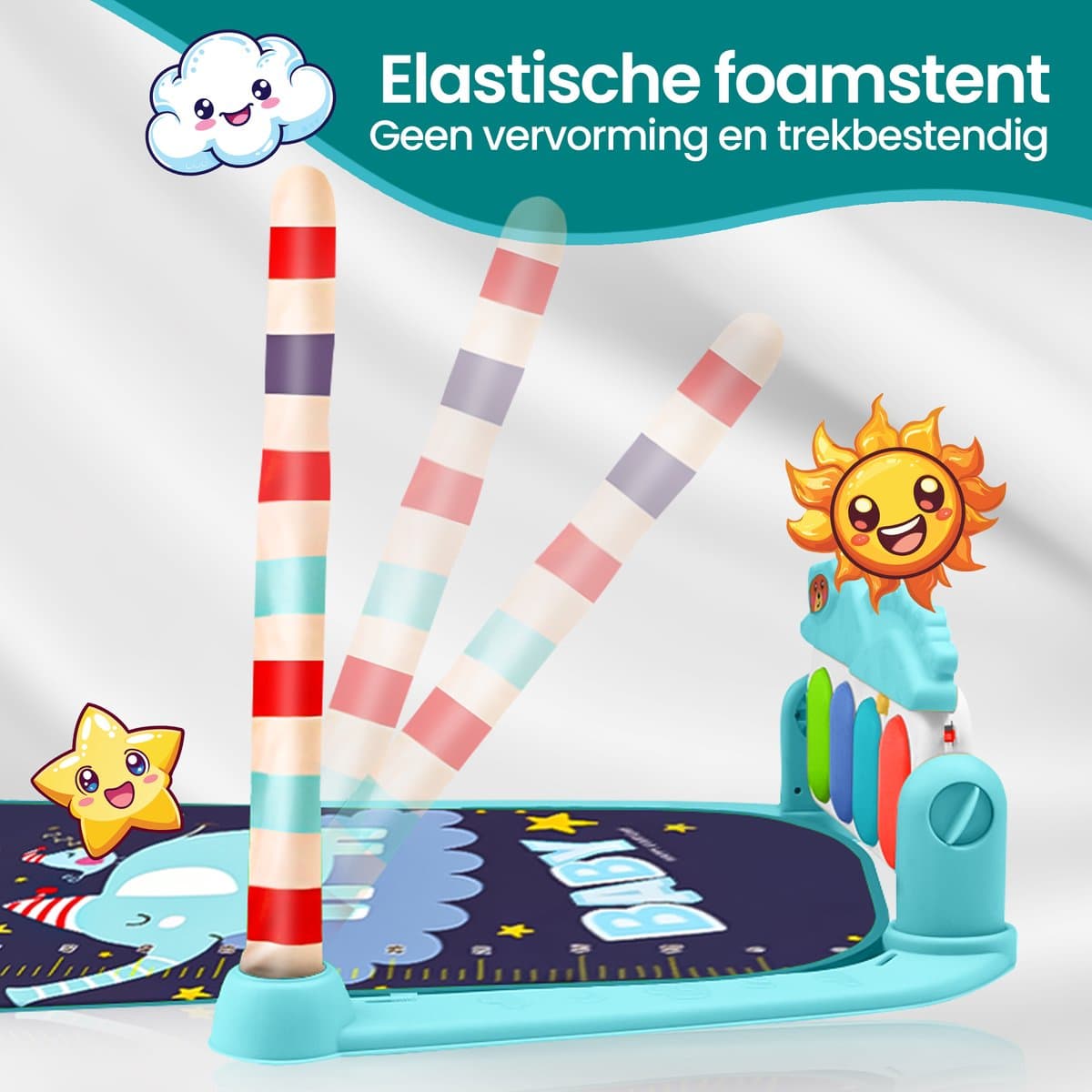 Velox Goods VL-504 Baby Gym met Fitness Piano – Speelkleed voor Baby's vanaf 3 Maanden – Educatief Activiteitencentrum met Muziek, Licht en Verwijderbare Speeltjes – Stimuleert Motorische Ontwikkeling – Blauw thumbnail 6