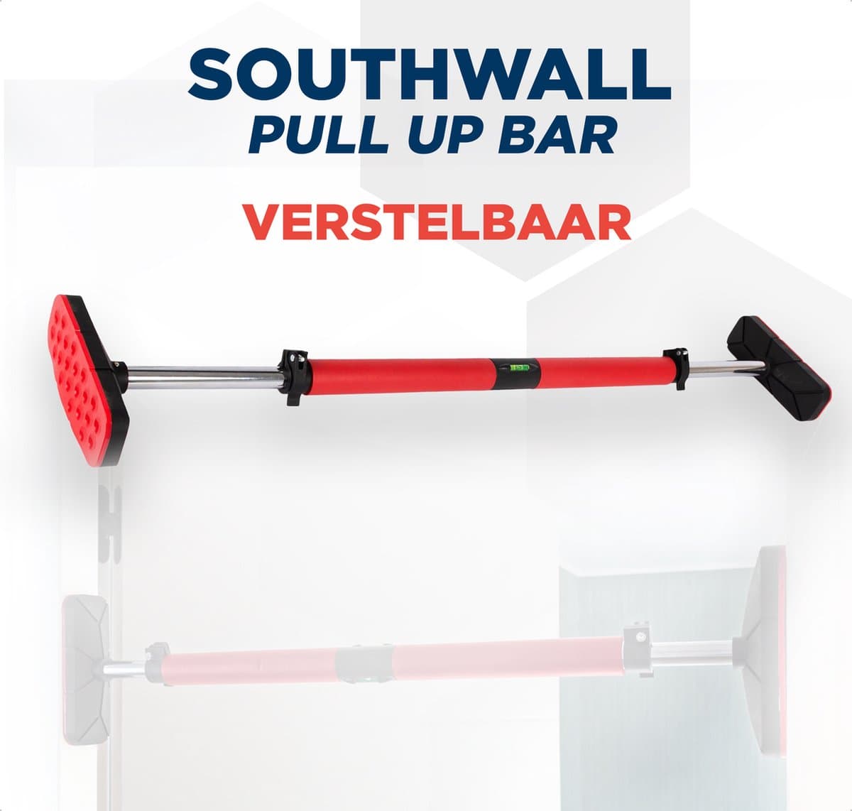 SOUTHWALL Pull Up Bar Deurpost – Optrekstang zonder schroeven – Incl. Waterpas – Krachttraining – Home Gym – Chin Up Bar – Pull Up Station – Buikspiertrainers – Max 150 kg – Zwart/Rood